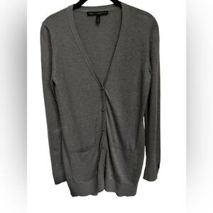 WHBM Sweet Grey Long Wool Blend Synched Waist Cardigan w Dragees Button Closure